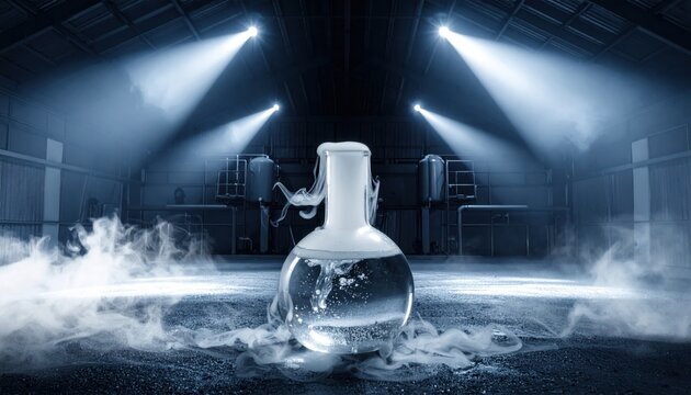 A frosted cryogenic dewar flask emitting wisps of cold vapor in a dark laboratory setting with dramatic spotlights