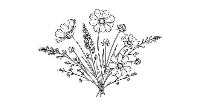 Minimal wildflower line art bouquet of coreopsis and meadow blossoms vector illustration on white background