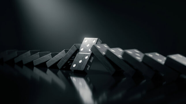 Domino collapse chain reaction risk economic recession global crisis instability Domino collapse chain reaction risk economic recession global crisis signals instability dark reflective surface