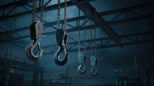 Crane hook chain industrial warehouse lifting metal heavy steel machinery Industrial crane hook and chain warehouse during economic recession and global uncertainty blue steel lifting machinery