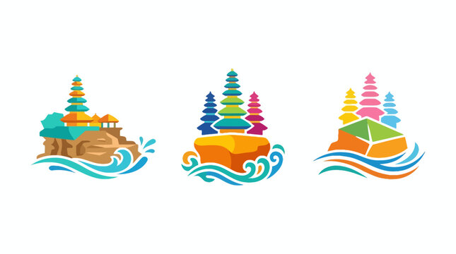 Colorful Stylized Temples Floating on Water Waves