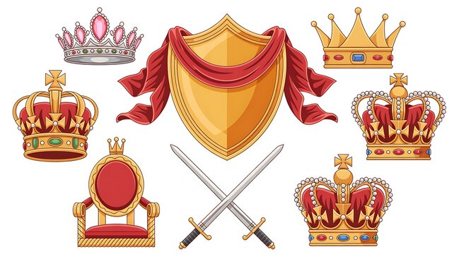 A collection of royal heraldic symbols and crowns with swords and a shield displayed prominently.