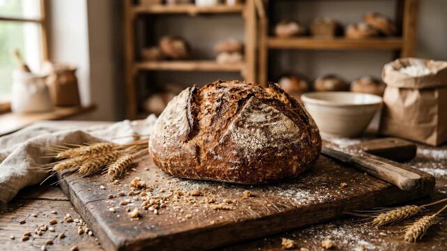 Freshly baked artisan sourdough bread rests on a rustic wooden cutting board near a window Dustings of flour and wheat stalks enhance the warm inviting scene