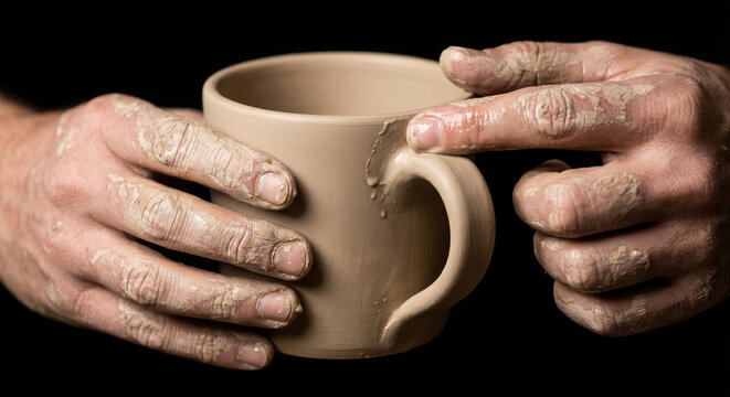 Close-up of potter's hands covered in clay making a ceramic mug on black background.