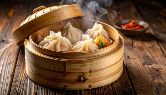 Steaming Har Gow Shrimp Dumplings in a Bamboo Basket