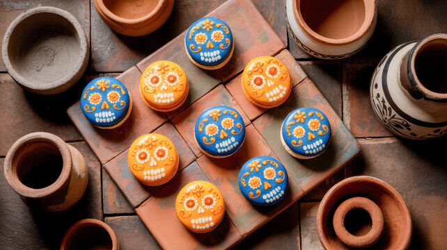 Vibrant sugar skull cookies celebrate Day of the Dead with traditional Mexican pottery