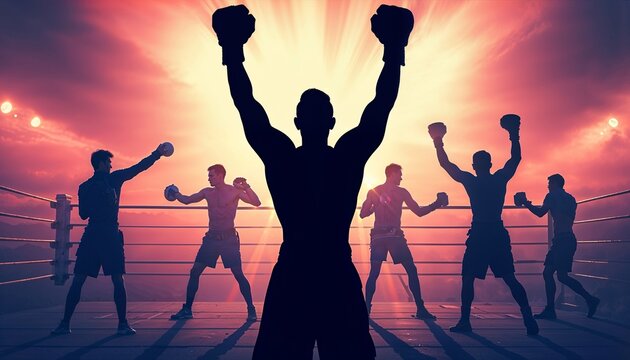 Set of boxing match silhouette action poses with a champion celebrating victory
