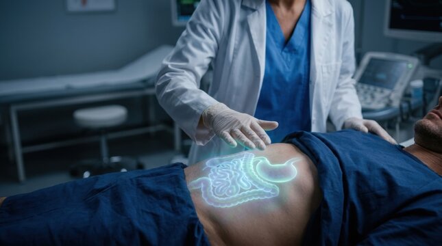 Doctor examines holographic projection of human digestive system on patient's abdomen