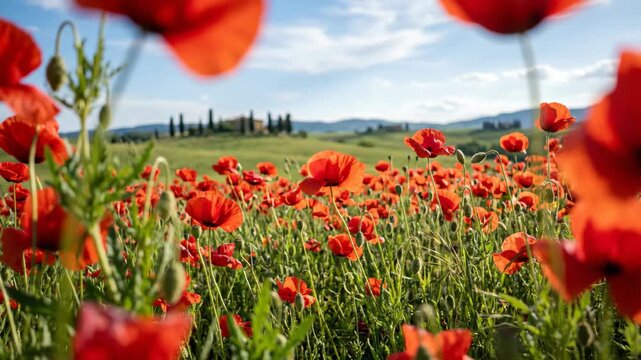 Vibrant red poppies blanket a sun drenched Tuscan field under a clear blue sky Gentle hills and scattered cypress trees create a picturesque pastoral scene