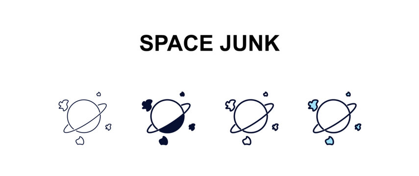 space junk multi-style outline icon set - astronomy concept. Thin line, regular, filled, colored space junk icon