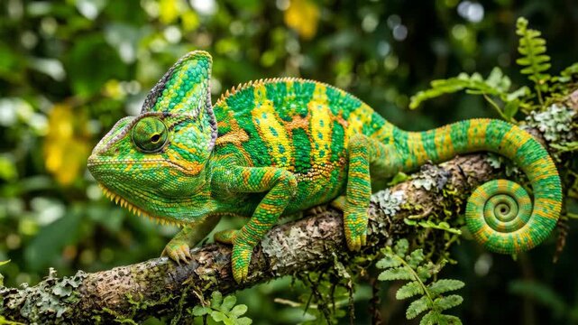 A vibrant green chameleon with yellow stripes perches on a mossy branch surrounded by lush green foliage showcasing its remarkable camouflage ability
