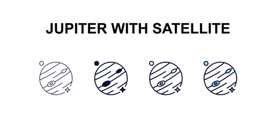 jupiter with satellite multi-style outline icon set - astronomy concept. Thin line, regular, filled, colored jupiter with satellite icon © Design_Farm