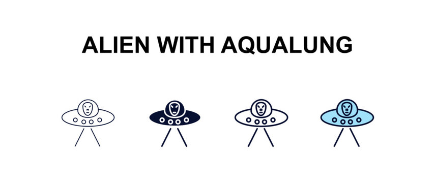 alien with aqualung multi-style outline icon set - astronomy concept. Thin line, regular, filled, colored alien with aqualung icon