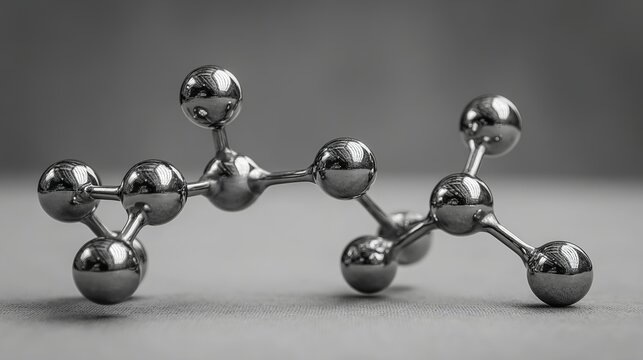 A detailed model of molecular structure with metallic spheres and rods on a gray surface