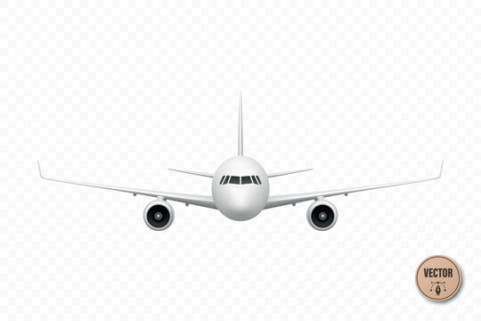 Vector 3d White Passenger Airplane Front View Isolated. Realistic Airplane with Twin Engines, Cockpit, Wings, Fuselage. Passenger Airplane Vector Illustration