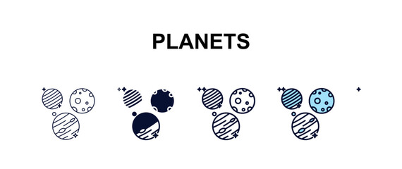 planets multi-style outline icon set - astronomy concept. Thin line, regular, filled, colored planets icon © Design_Farm