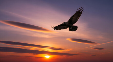 Fototapeta premium A majestic bird of prey soars gracefully through a vibrant sunset sky, its silhouette highlighted by warm colors and unique clouds, capturing the freedom and beauty of nature