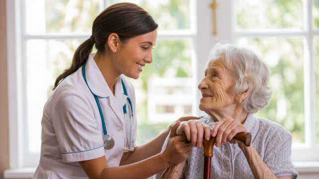 Young nurse smiles at and cares for a happy elderly woman holding a walking stick in a bright room