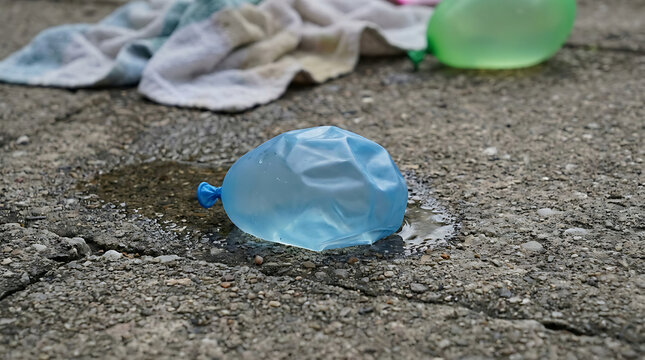 A blue water balloon lying on wet asphalt, a remnant of summer fun and play