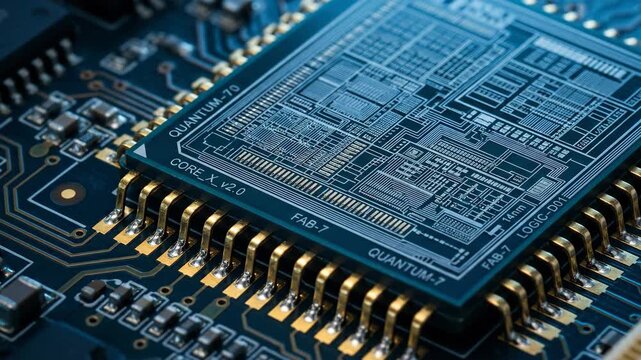 A detailed macro shot of a computer processor chip revealing intricate circuitry and golden pins a testament to modern technology s complexity