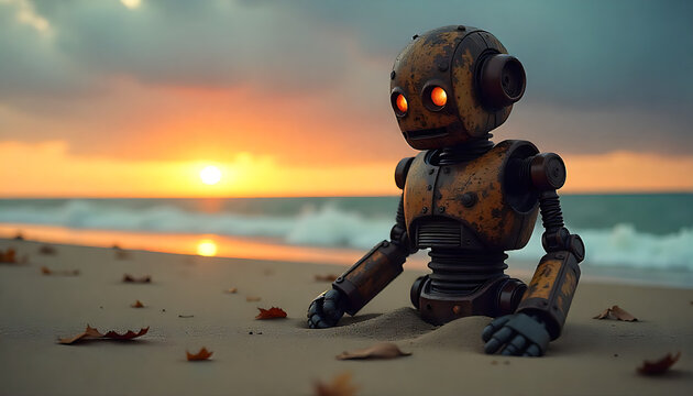 A rusty robot sits on a beach at sunset with a serene ocean view
