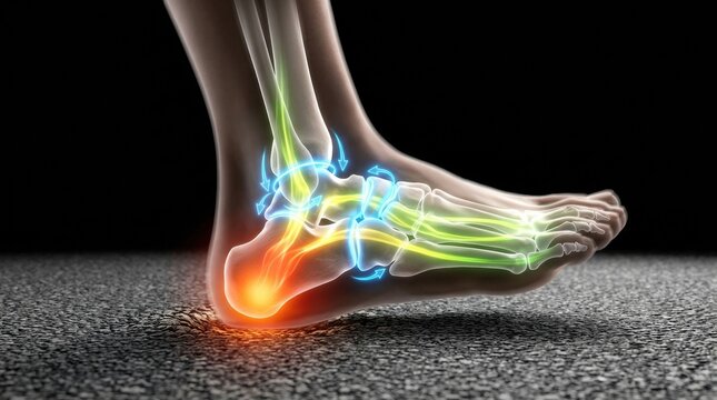 Anatomical illustration of foot bones showing impact force and pain points