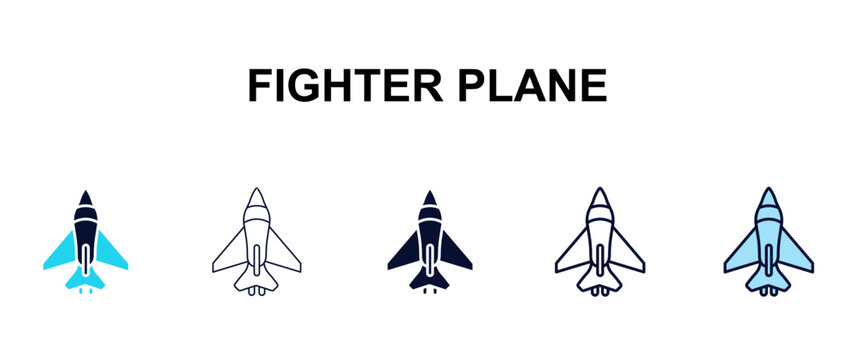 fighter plane multi-style outline icon set - army and milatry concept. Thin line, regular, filled, colored fighter plane icon