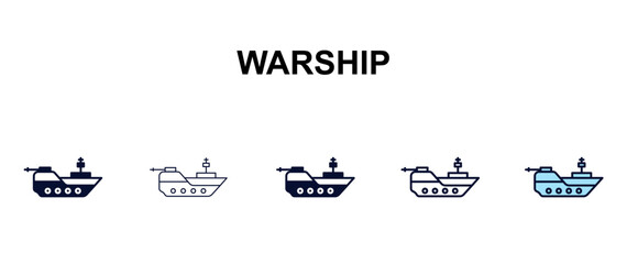 warship multi-style outline icon set - army and milatry concept. Thin line, regular, filled, colored warship icon © Design_Farm