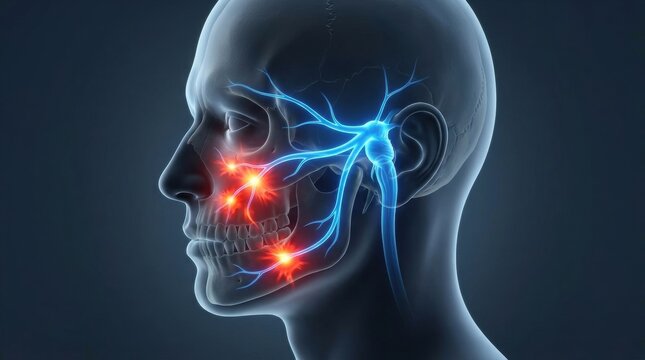 Glowing trigeminal nerve pathways with pain points in the human face