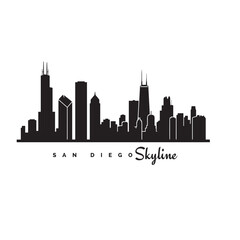 Fototapeta premium San Diego skyline badge in black solid style, featuring a minimalist city silhouette with modern buildings and a bridge element. Clean and bold flat vector design with high contrast black on white bac