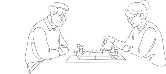 Minimalist Continuous Line Drawing Senior Couple Playing Chess Hobby Activity Illustration © Artozo