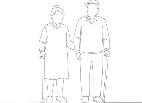 Minimalist Line Art Senior Couple with Walking Sticks Illustration