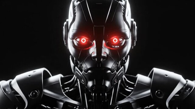 Futuristic cyborg face with glowing red eyes.