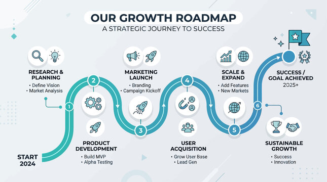 Infographic displays a curved roadmap with milestones for business growth strategy