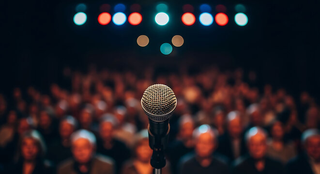 Microphone on stage in front of blurred audience at concert or comedy show event
