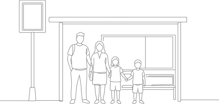 Minimalist Line Art Family at Bus Stop Illustration with Advertising Billboard