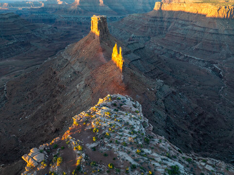 Aerial view of Canyonlands National Park with golden sunlight hitting the red rock spires and deep canyons Utah, United States.