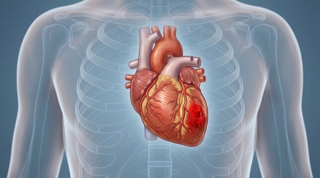 Anatomical illustration of a human heart with a visible lesion on the left ventricle