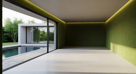 Fototapeta premium Minimal style modern grass house empty room with open sliding door to swiimming pool terrace, Surrounded by green nature