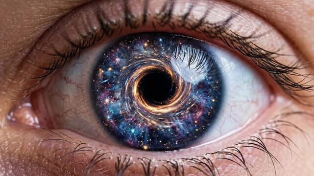 A close up of a human eye reveals a swirling galaxy within its iris a cosmic spectacle a universe captured in sight a metaphor for infinite possibilities abstract beauty