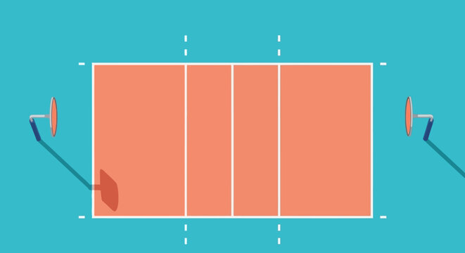 Tennis court with rackets and ball.