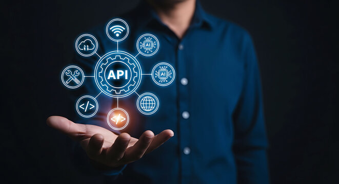 API Application Programming Interface Concept With Person Hand Holding Digital Icons