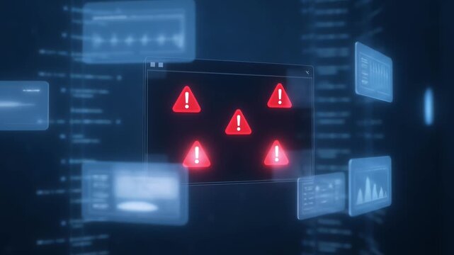 Cybersecurity alert concept showing system warning symbols in browser window interface, representing hacking threats, data breaches, and internet security issues in digital environments.