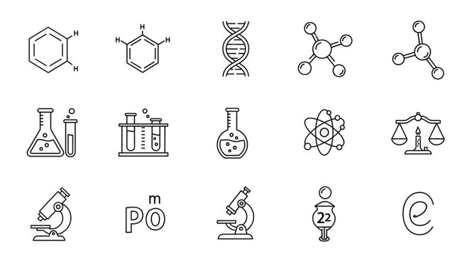 Collection of scientific and chemical icons for research and education.