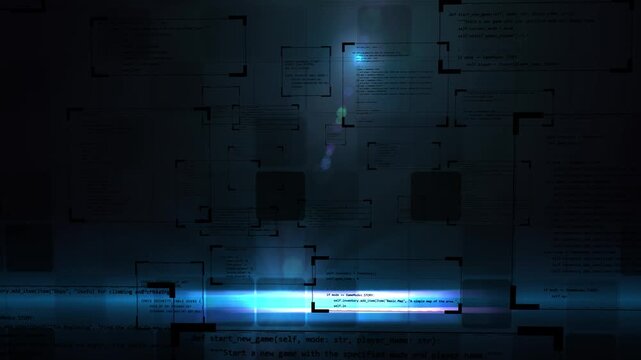 Abstract digital shadow programming or coding software animation. Black windows with command lines in darkness for hacking theme