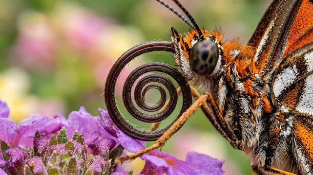 A close up macro shot reveals a vibrant orange butterfly meticulously feeding on a delicate purple flower its patterned wings and curled proboscis are in sharp focus