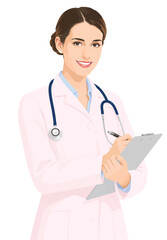 Fototapeta premium 079-26-Young woman doctor wearing lab coat and stethoscope writing on a clipboard