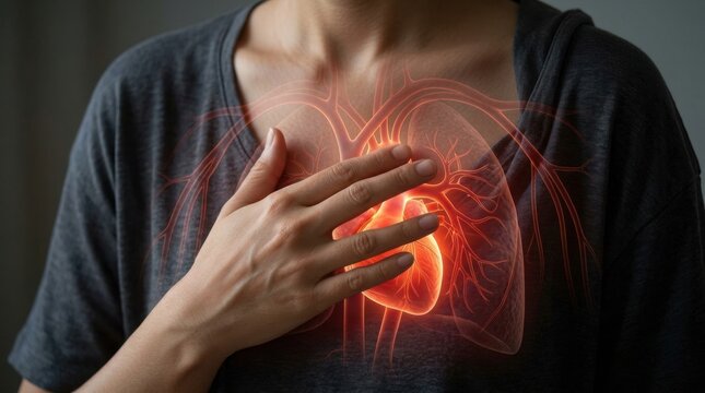 Close-up of a person holding their chest over a glowing heart illustration