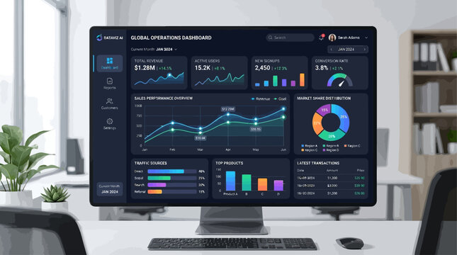 Data analytics infographic on a computer screen in office setting displays graphs and icons