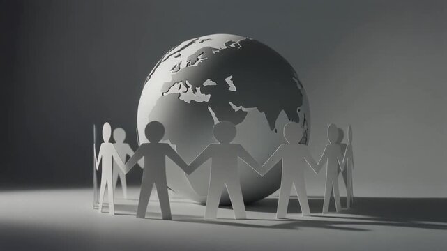 Paper people holding hands in a circle around a world globe